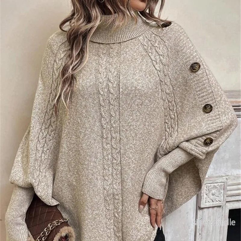 Mia | Kabelstickad Poncho Med Polokrage Och Justerbara Ärmar - Bild 3