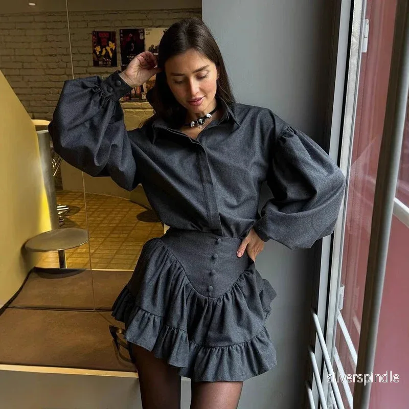 Sophie | Elegant Rutig Kostym Set Dam Med Volangärmar - Bild 3